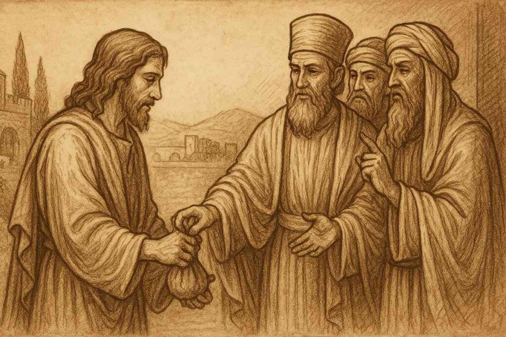 Ilustración estilo biblia antigua del Miércoles Santo, en la que Judas Iscariote entrega el pacto para traicionar a Jesús por treinta monedas de plata.