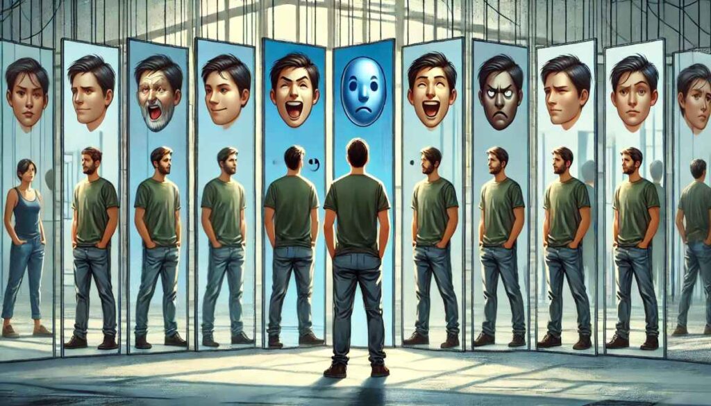 Una persona frente a varios espejos que reflejan diferentes emociones y estados de ánimo, simbolizando la idea de que el mundo exterior refleja nuestro interior