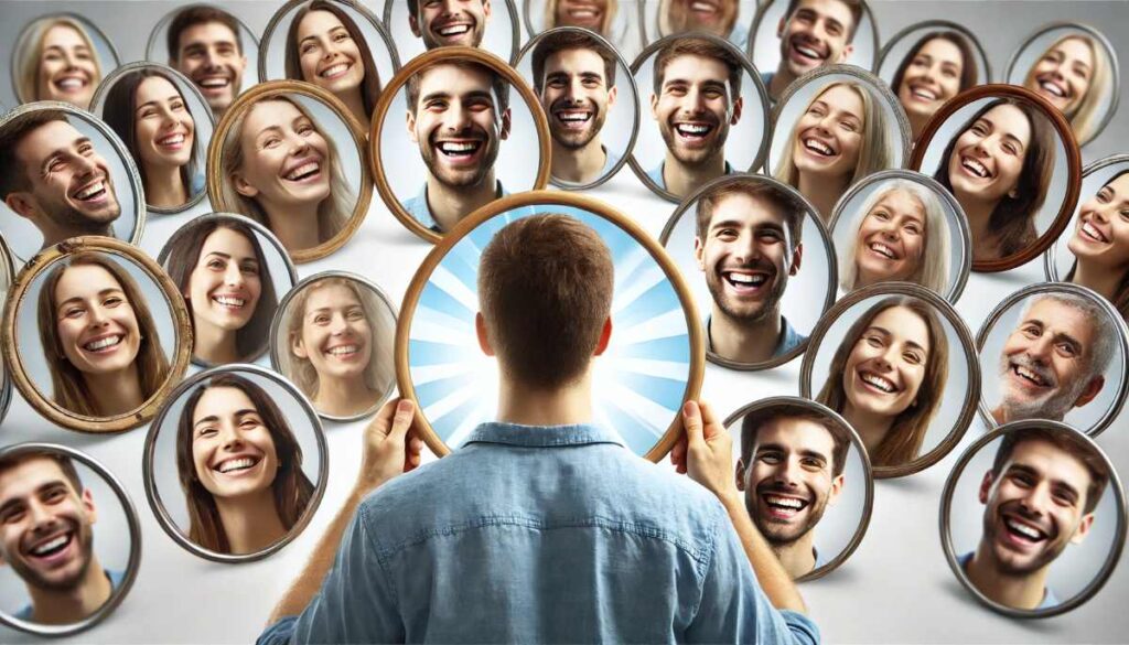 Persona sonriendo y viendo reflejos de otras personas sonriendo en múltiples espejos, destacando el impacto de la actitud positiva en las interacciones sociales