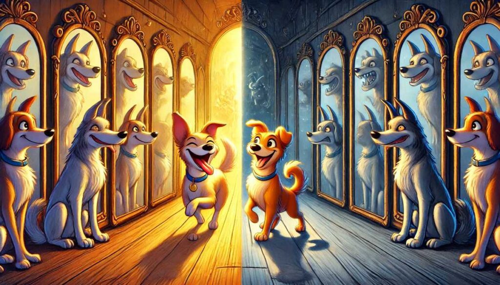 Perro alegre viendo reflejos positivos en La Casa de los Espejos, enseñanza sobre el poder de la actitud