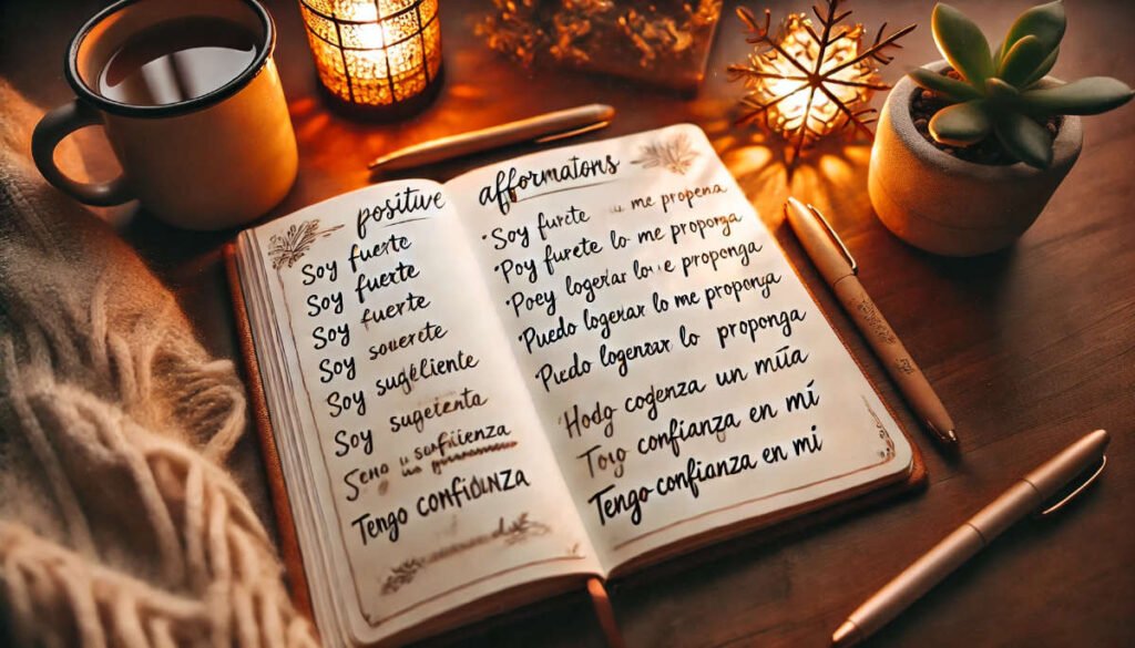 Cuaderno con afirmaciones positivas, ilustrando el impacto de cambiar nuestra narrativa interna
