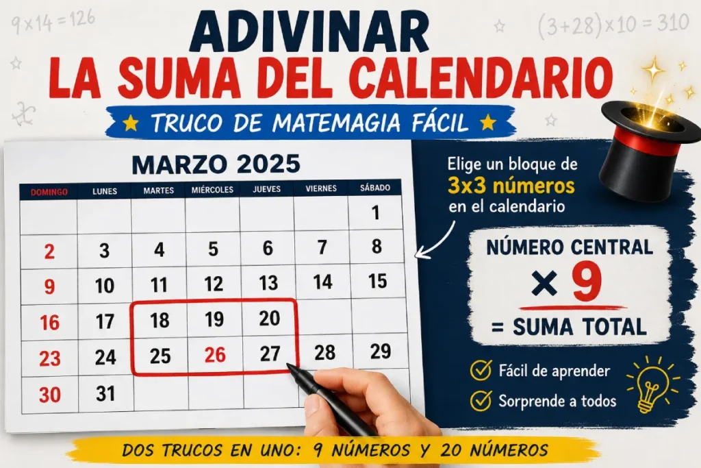 Ejemplo de calendario con un bloque de 3x3 números para adivinar la suma
