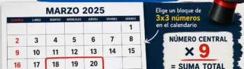 Ejemplo de calendario con un bloque de 3x3 números para adivinar la suma