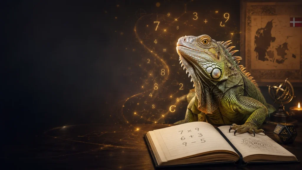 Iguana en una escena de mentalismo y matemagia inspirada en el truco de Dinamarca